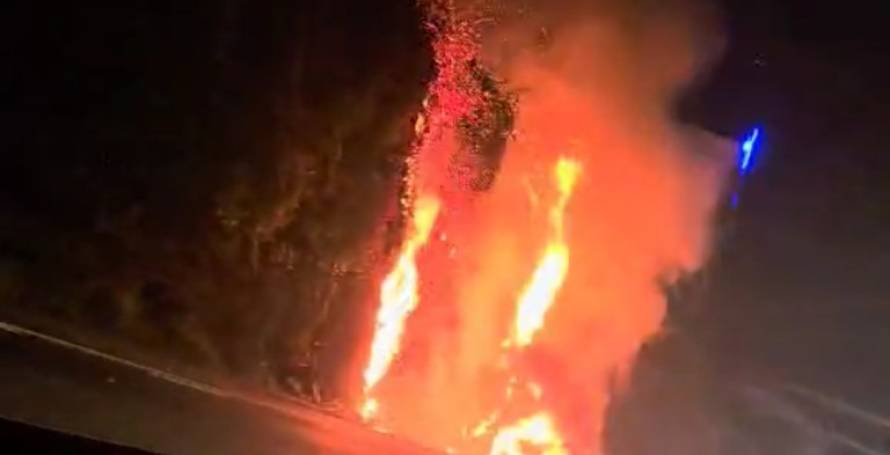 Carro incendeia-se na via rápida e chamas ameaçam casa