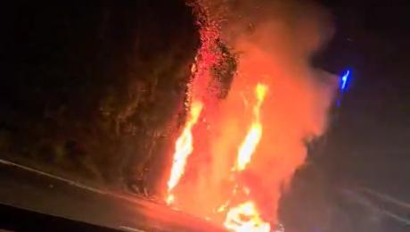 Carro incendeia-se na via rápida e chamas ameaçam casa