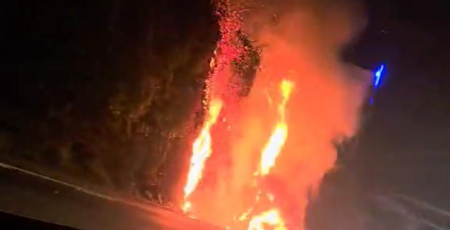 Carro incendeia-se na via rápida e chamas ameaçam casa